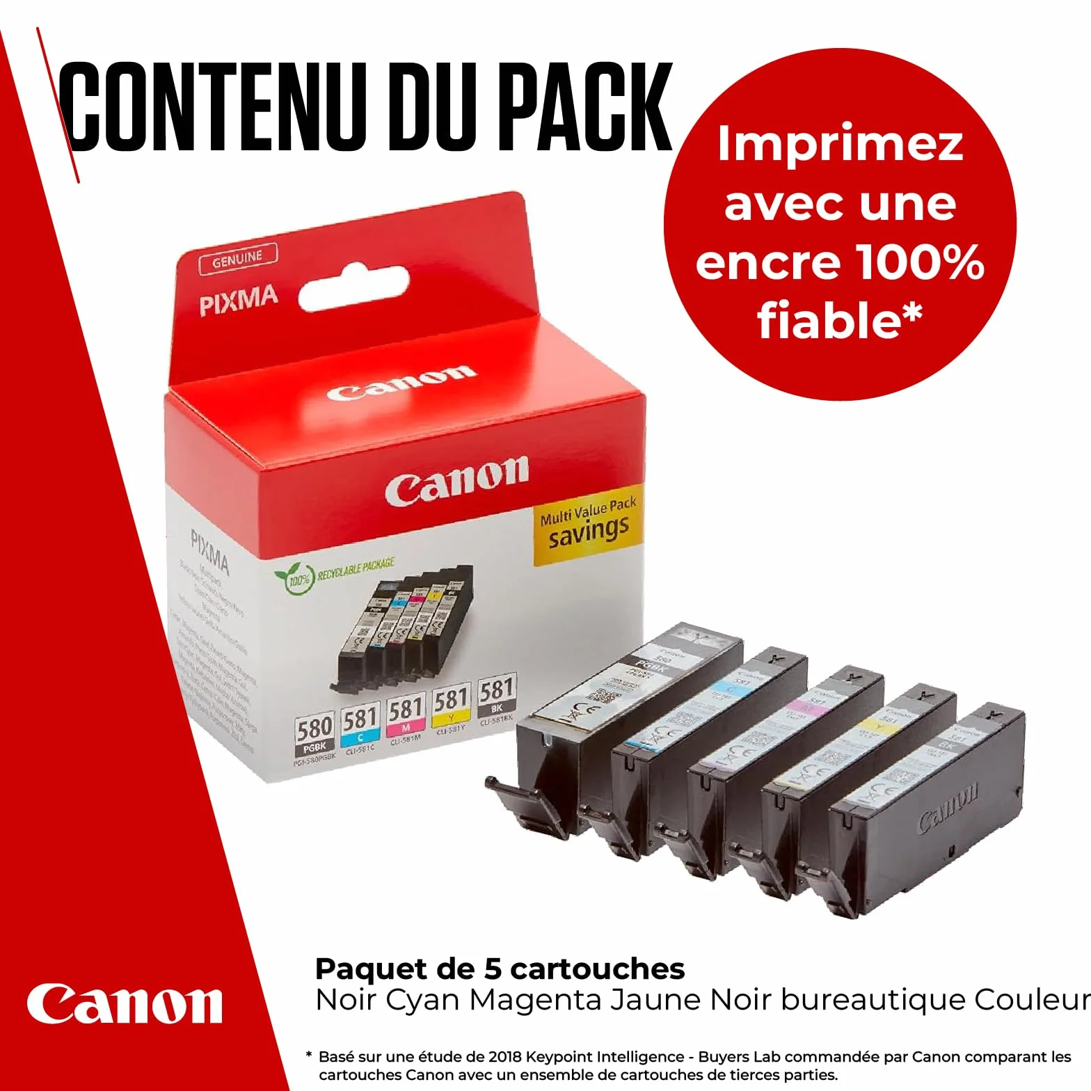 Canon Multipack Cartouche d'encre PGI-580/CLI-581 Authentiques 5 Pack Noir Cyan Magenta Jaune
