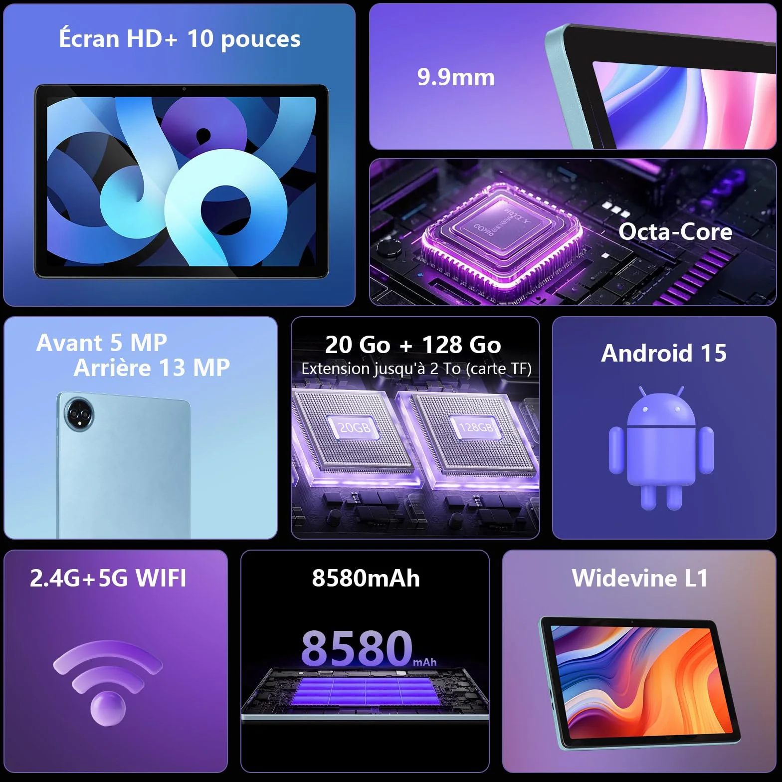 Tablette 10 Pouces Android 15 20Go RAM 128Go ROM 8580 mAh Batterie Octo-Cœur 5G WiFi Tactile 5+13MP Caméra Bluetooth Bleu