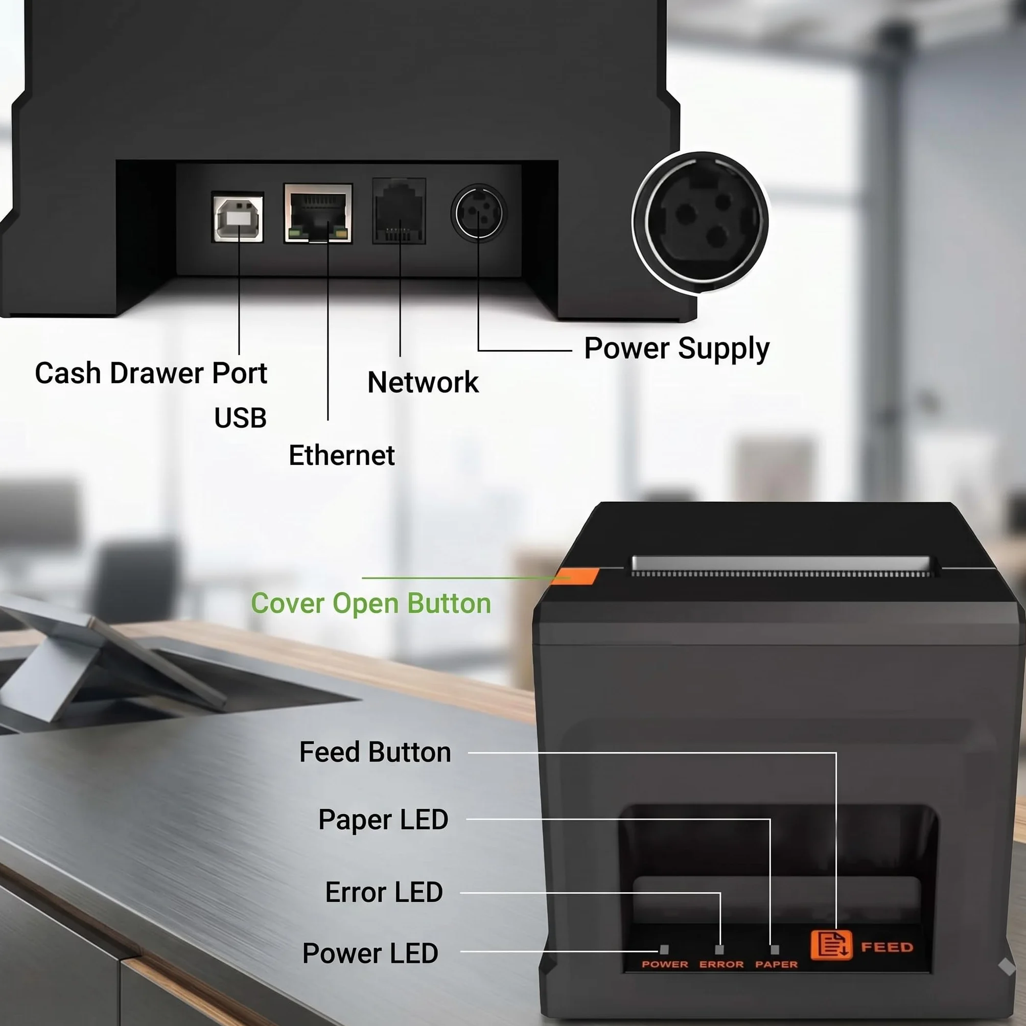 Imprimante POS Thermique 80mm avec Coupeur Automatique 300mm/s USB LAN Bluetooth