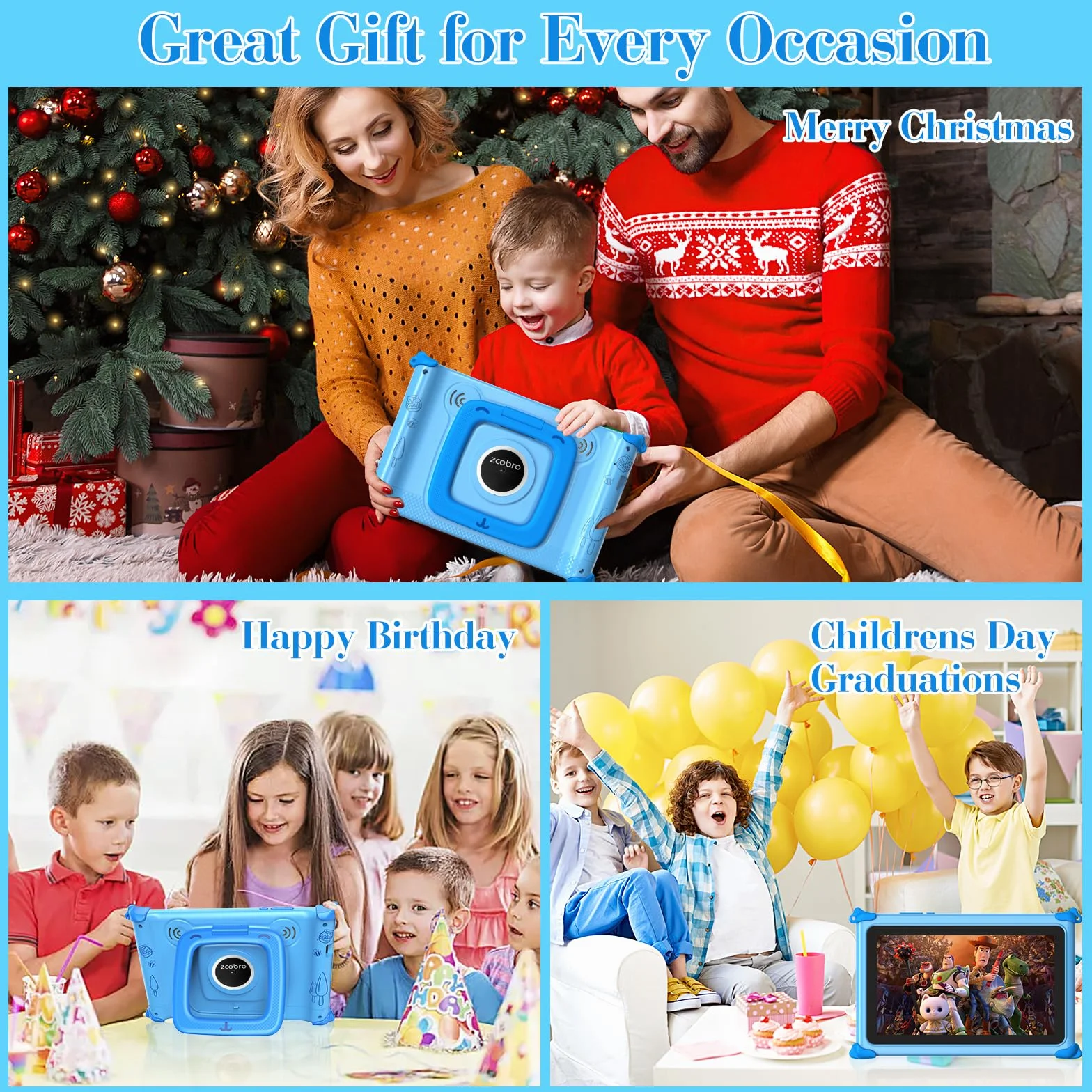 Tablette Enfants 7 Pouces Android 32Go+256Go GMS Écran IPS Tactile Applications Éducatives Contrôle Parental WiFi Bluetooth Étui Bleu