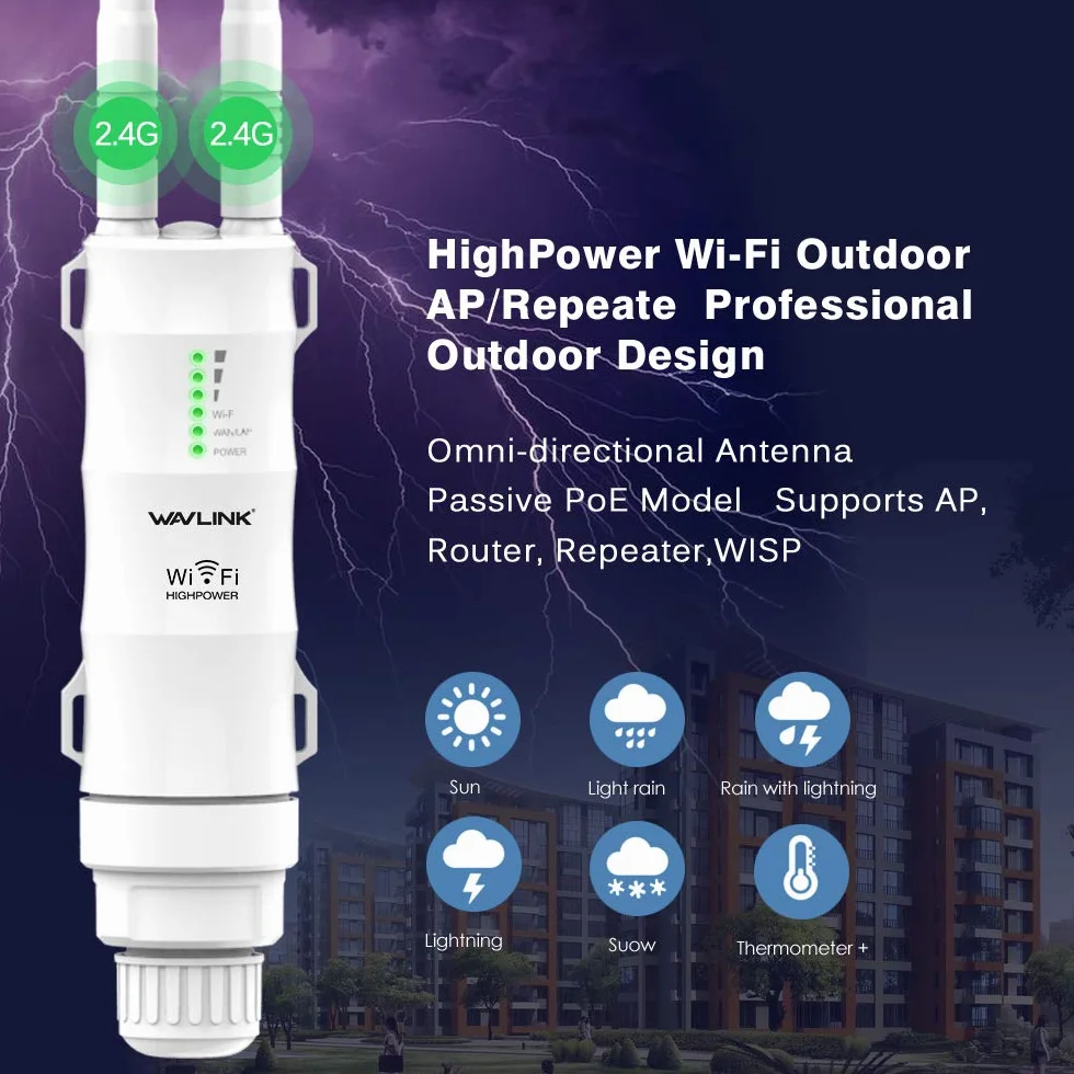 Amplificateur Wavlink N300 2.4G Répéteur WiFi Extérieur Puissant avec Antenne Longue Portée