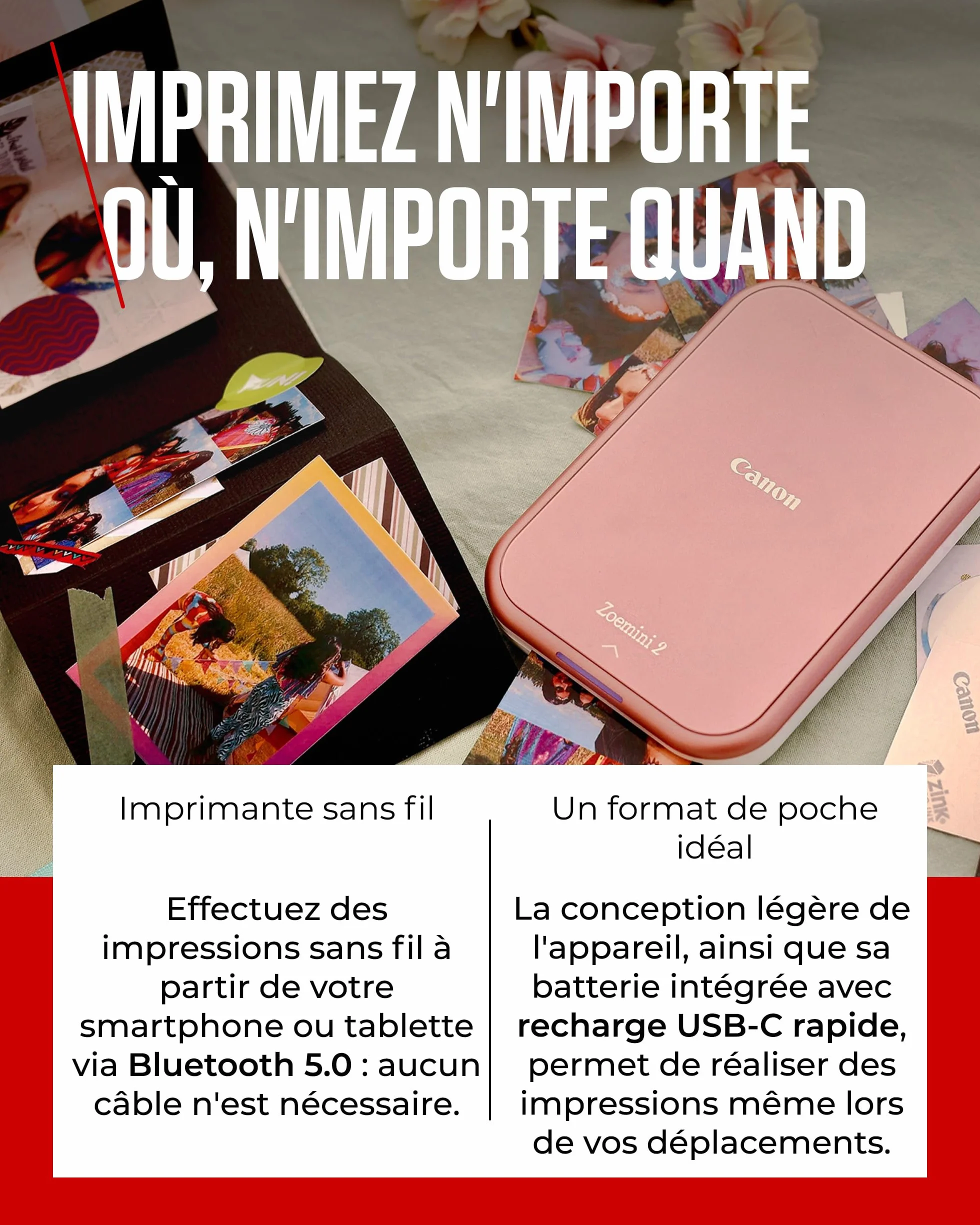 Canon Zoemini 2 Kit d'impression Imprimante Photo Portable Bluetooth 5.0 USB-C Rose Gold