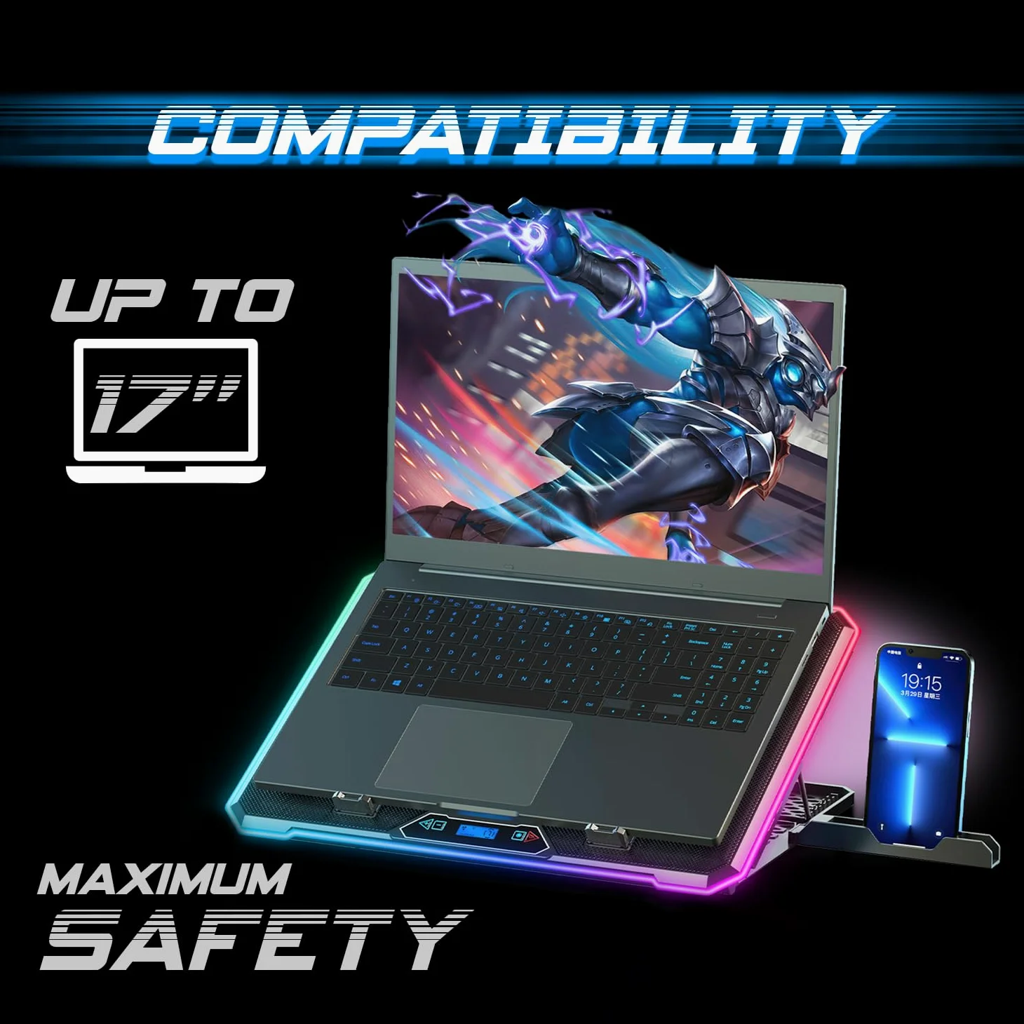 Refroidisseur PC Portable 17'' RGB, Support Ergonomique pour Ordinateur Portable, 13 Ventilateurs
