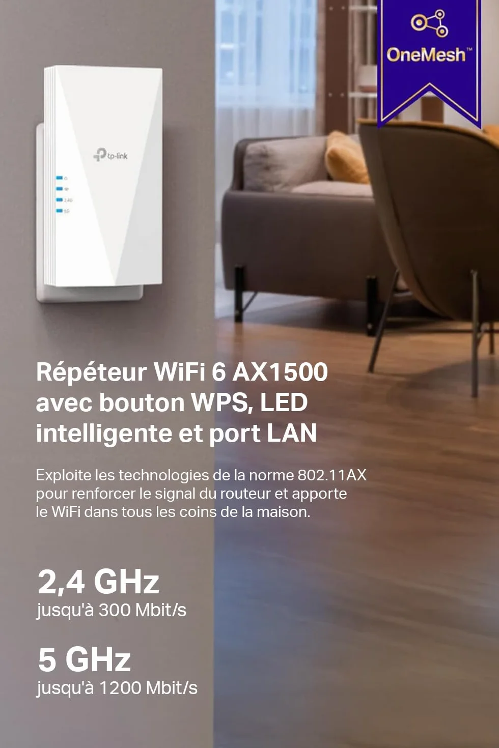 TP-Link Répéteur WiFi 6 RE500X, Amplificateur AX1500 Mbps, Port Ethernet Gigabit, 100 m²