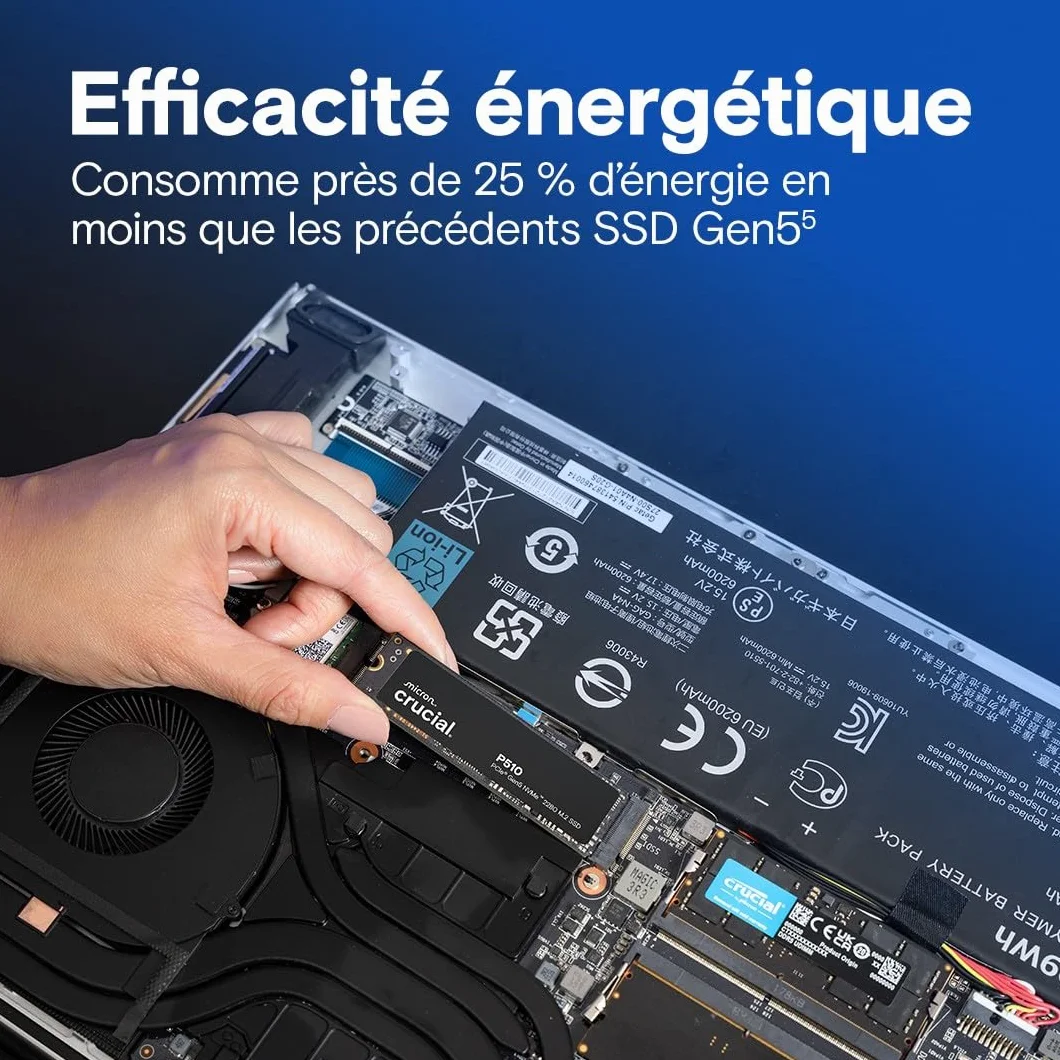 Crucial P510 SSD 1To PCIe 5.0 x4 NVMe M.2, Lecture 11.000 Mo/s, Écriture 9.500 Mo/s, TLC NAND, Disque Dur Interne