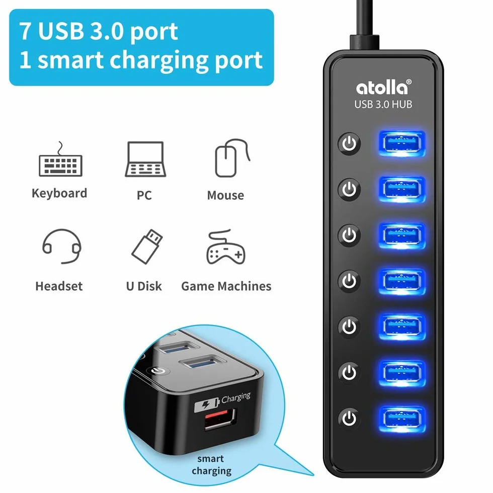 Hub USB 3.0 7 Ports Alimenté avec Interrupteur Indépendant 5V/4A 20W