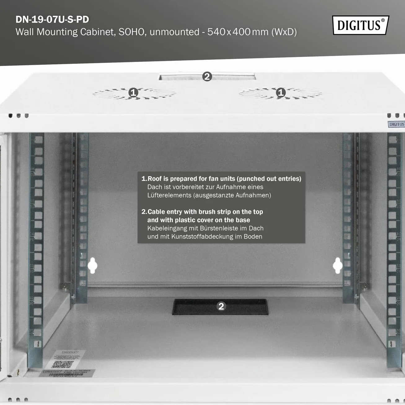 DIGITUS Armoire réseau 19 Pouces 7U Montage Mural 400 mm Profondeur 60 kg Porte perforée