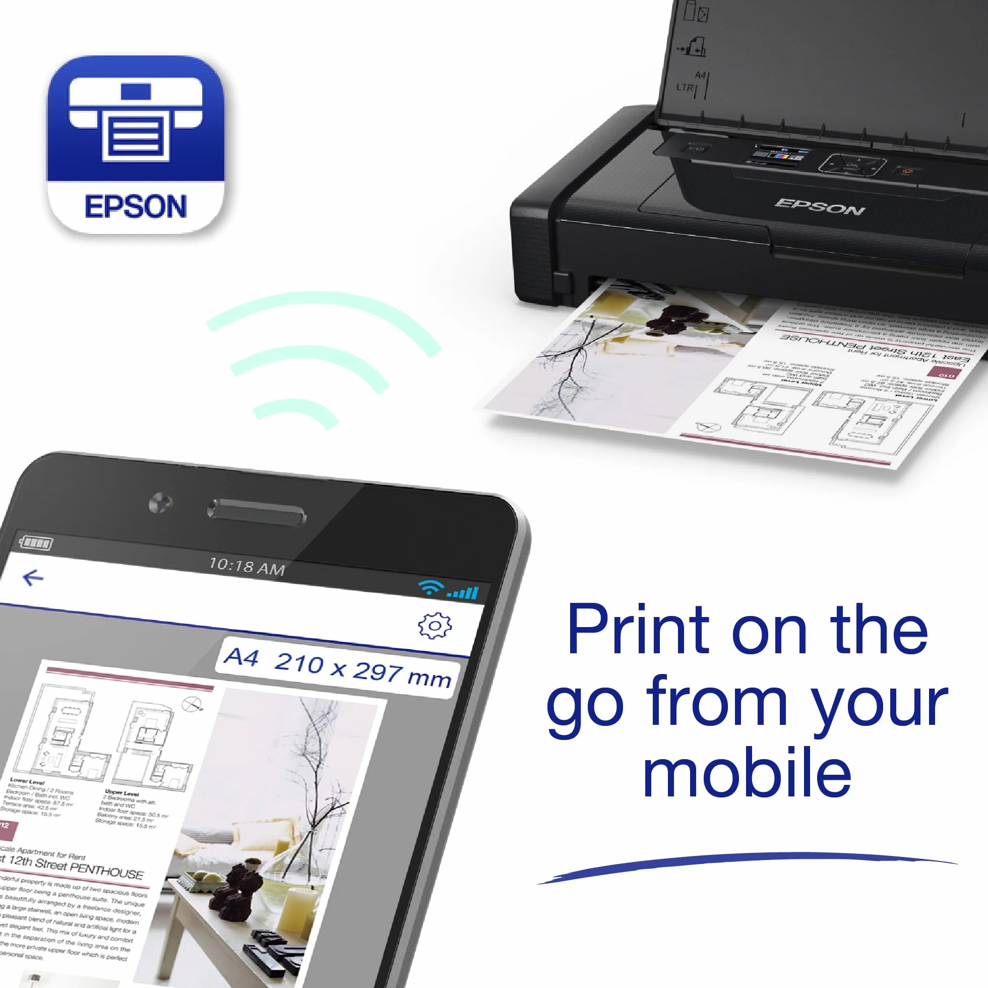 Epson WorkForce WF-110 Imprimante portable jet d'encre couleur A4 Wifi Direct batterie rechargeable USB