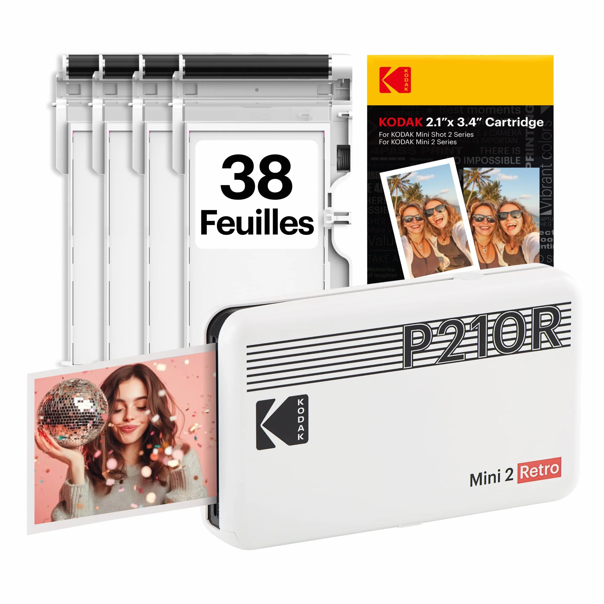 KODAK Mini 2 Retro Imprimante Photo 5,3 x 8,6 cm, 38 Feuilles, Bluetooth, Sublimation 4PASS, Blanc