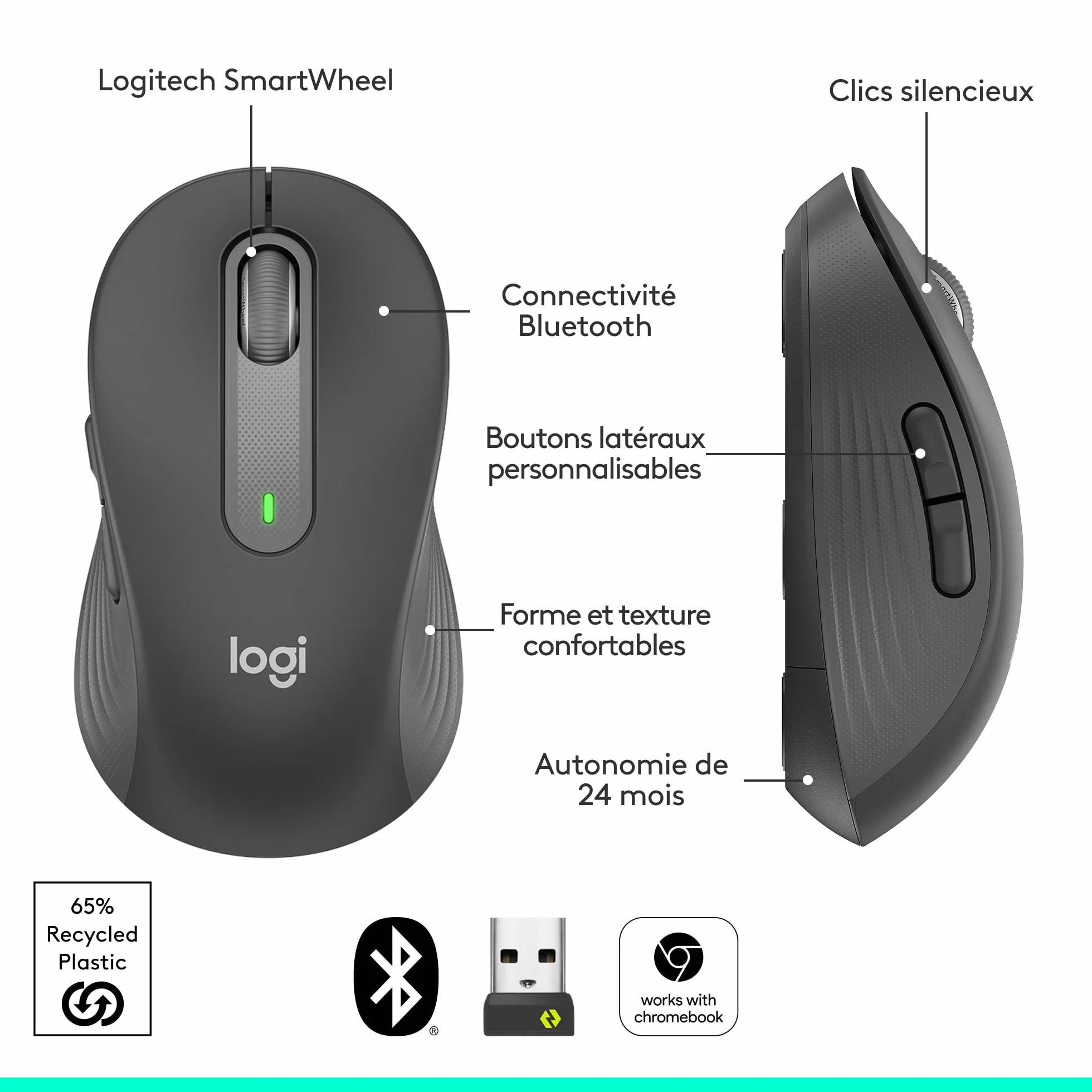 Logitech Signature M650 L Souris sans Fil Grande Taille Bluetooth Gris