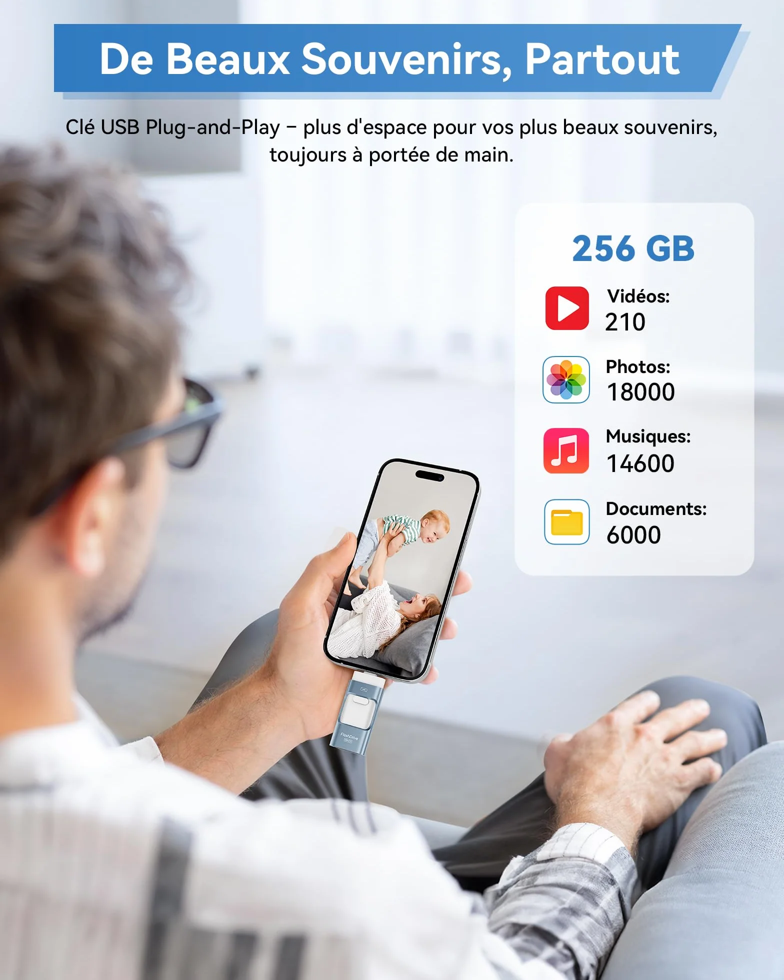 ZARMST Clé USB 256 Go 4 en 1 USB C 3.0 Flash Drive Transfert Rapide Mémoire Externe Bleu