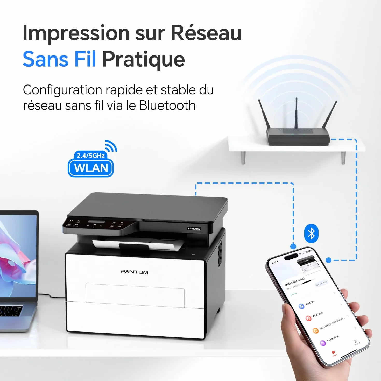 PANTUM BM4209DW Imprimante Laser Multifonction Noir et Blanc Recto-Verso Automatique USB Wi-Fi Airprint Mopria