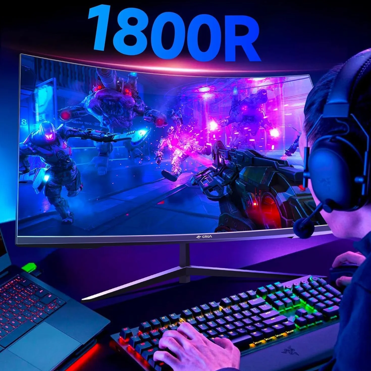 CRUA Gaming incurvé Écran 27 Pouces 200 Hz, FHD 1080P 1800R Moniteur PC, 1 ms GTG avec FreeSync, Faible Flou de Mouvement, Protection des Yeux, VESA, DisplayPort, HDMI,