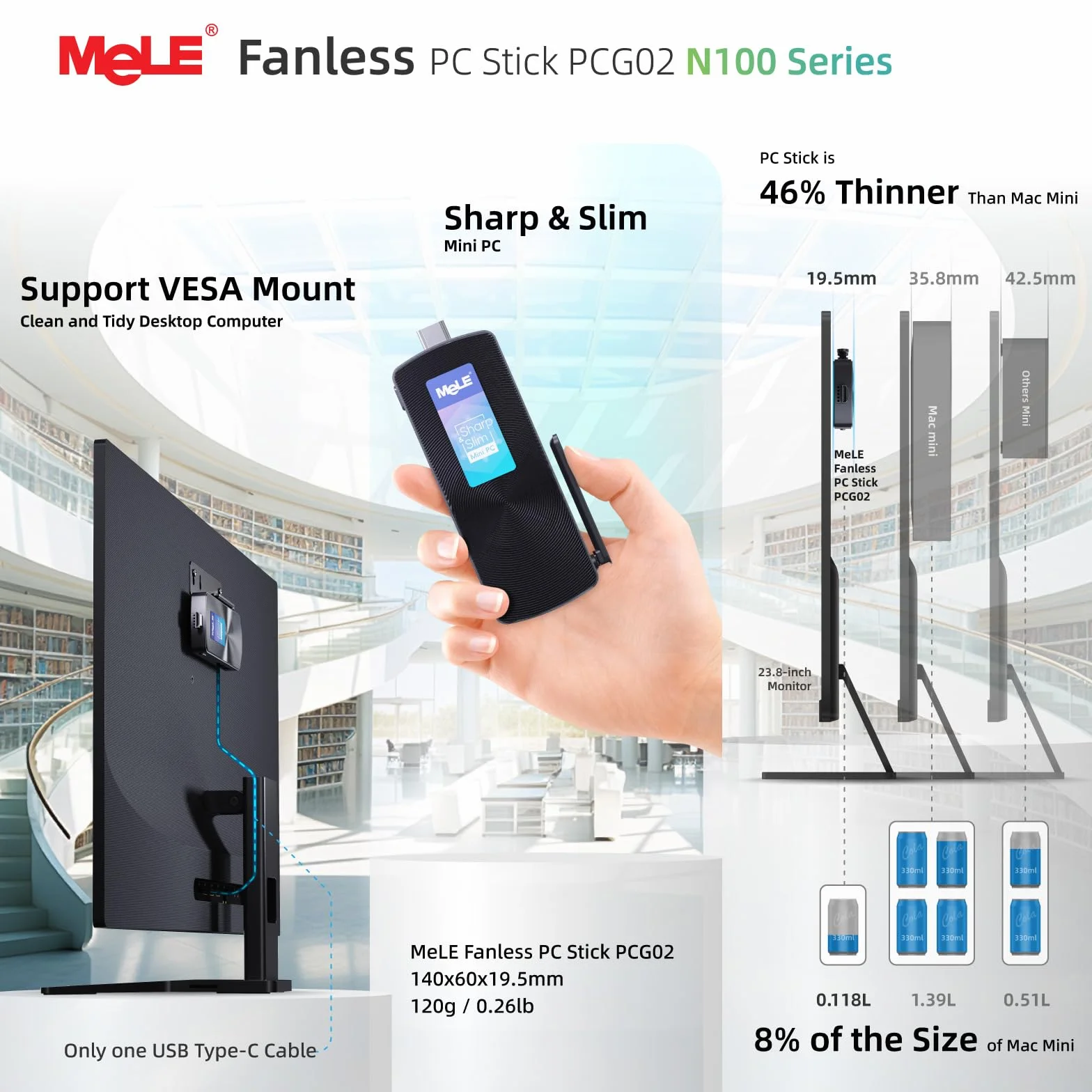 MeLE PCG02 PC Stick Fanless N100 8GB 128GB Sans OS Linux Ubuntu