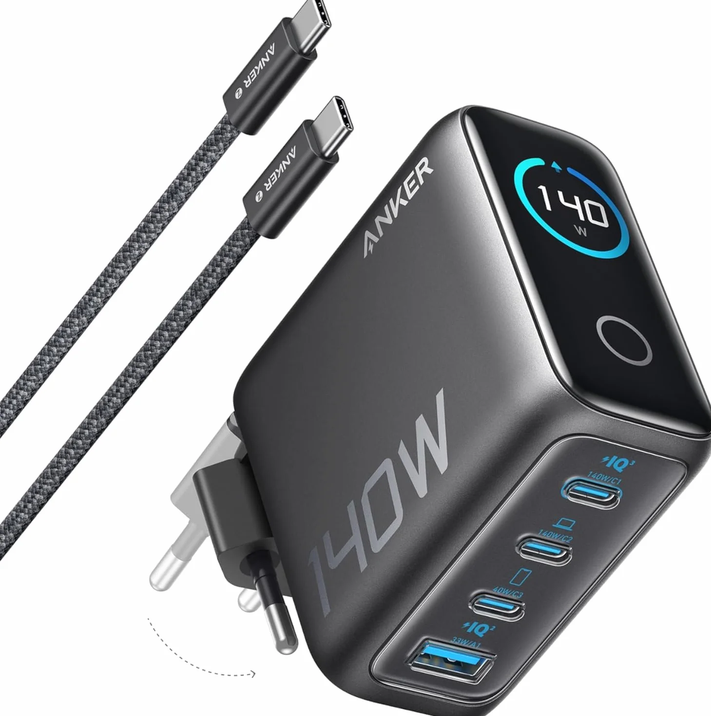Anker Chargeur USB C 140W GaN, Adaptateur Ordinateur 4 Ports Rapide Compact, iPhone 16/17, Samsung, MacBook Air/Pro, Pixel