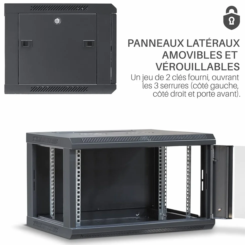 WAYTEX Coffret Armoire Réseau 19 Pouces 6U 600x450x368mm Noir Mural Porte Vitrée Serrure