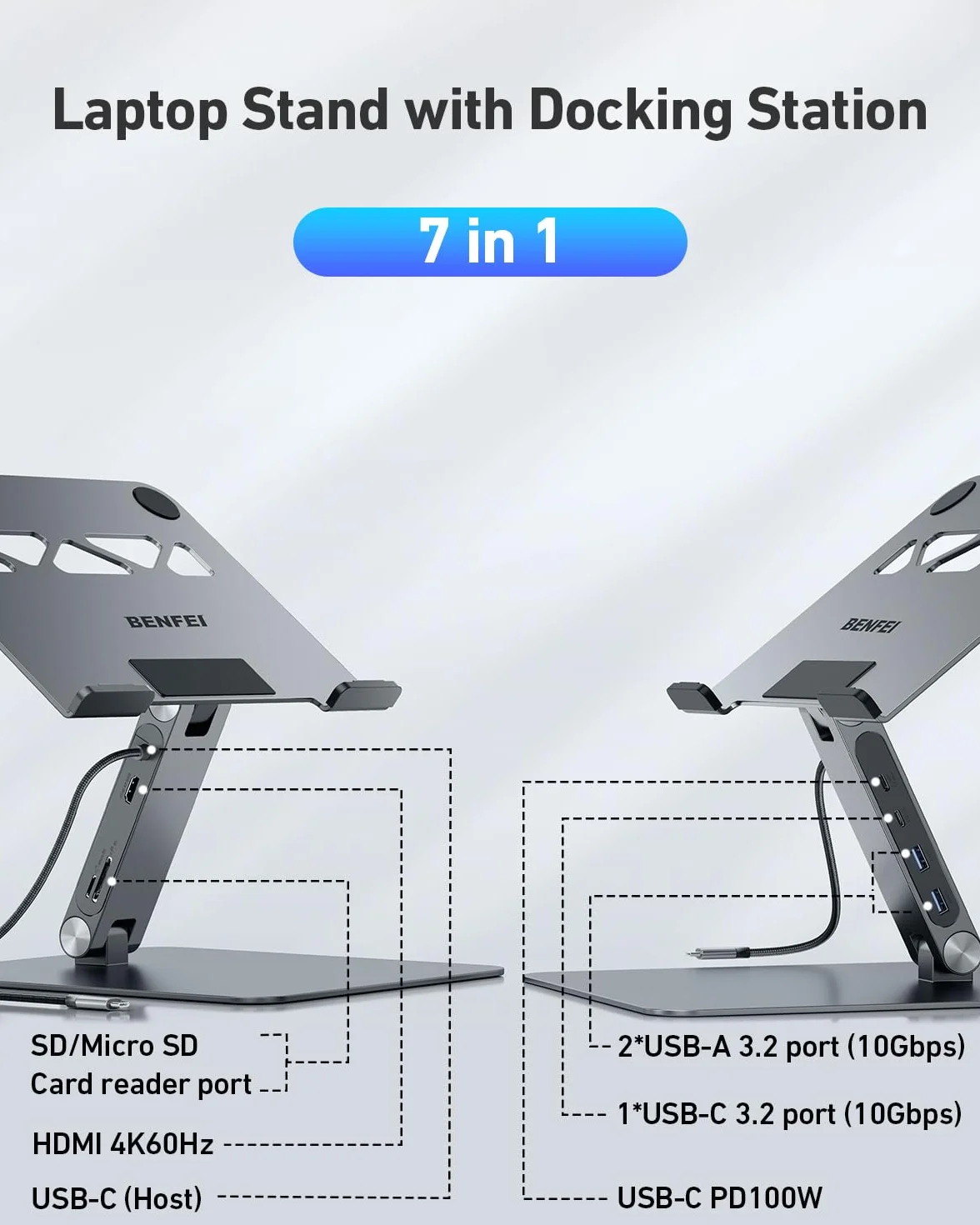 BENFEI Support pour ordinateur portable avec Station d'accueil USB C 7en1, HDMI 4K@60Hz, 100W PD, 10Gbps USB C 3.2 & USB A 3.2 Compatible MacBook Pro Air iPad Pro XPS Thinkpad