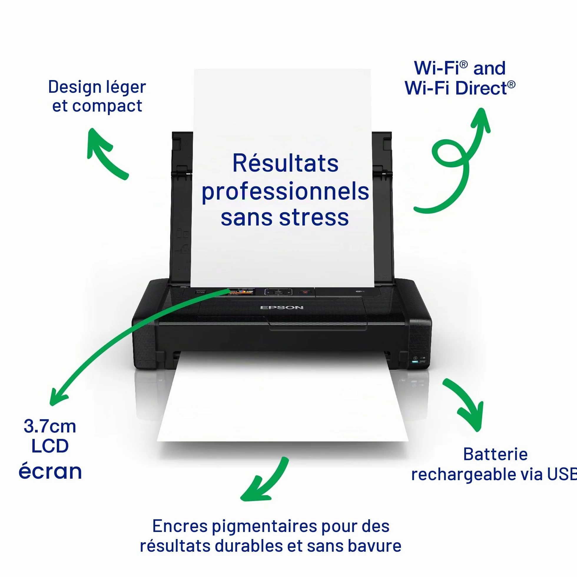 Epson WorkForce WF-110 Imprimante portable jet d'encre couleur A4 Wifi Direct batterie rechargeable USB