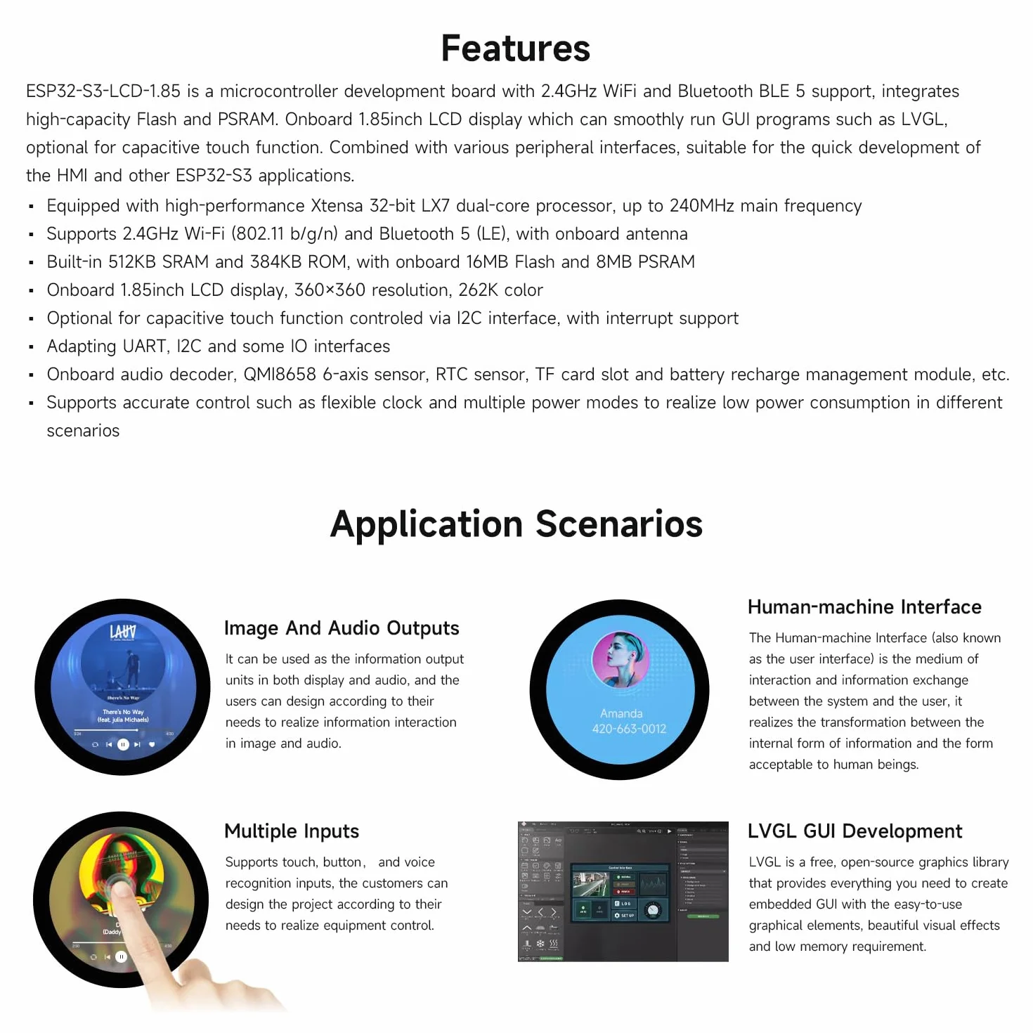 Waveshare ESP32-S3 1.85inch Display Development Board 360x360 32-Bit LX7 Dual-Core Processor 240MHz WiFi BT Accelerometer Gyroscope Sensor
